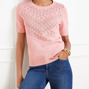 Talbots Light Pink CREWNECK SHORT SLEEVE OPEN STITCH SWEATER, MOMCORE, SIZE M.